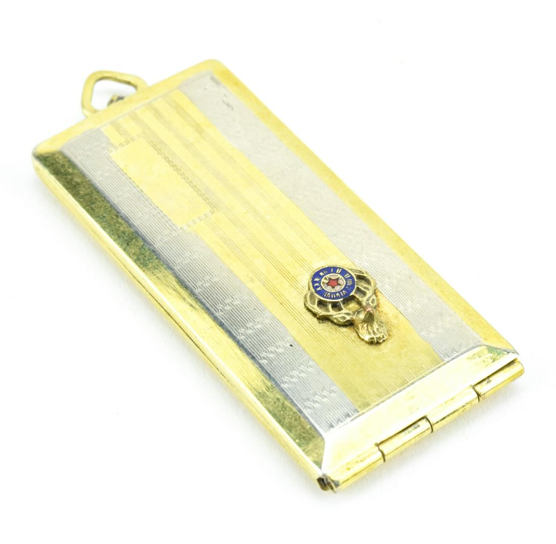 Antique Art Deco 2 Tone Gold Elk's Locket: Antique Art Deco 2 Tone Gold Elk's Locket. Two tone yellow and white gold filled locket pendant with elk's club medal on front. Opens to double-sided interior with clips that read "HELLO BILL." Measur