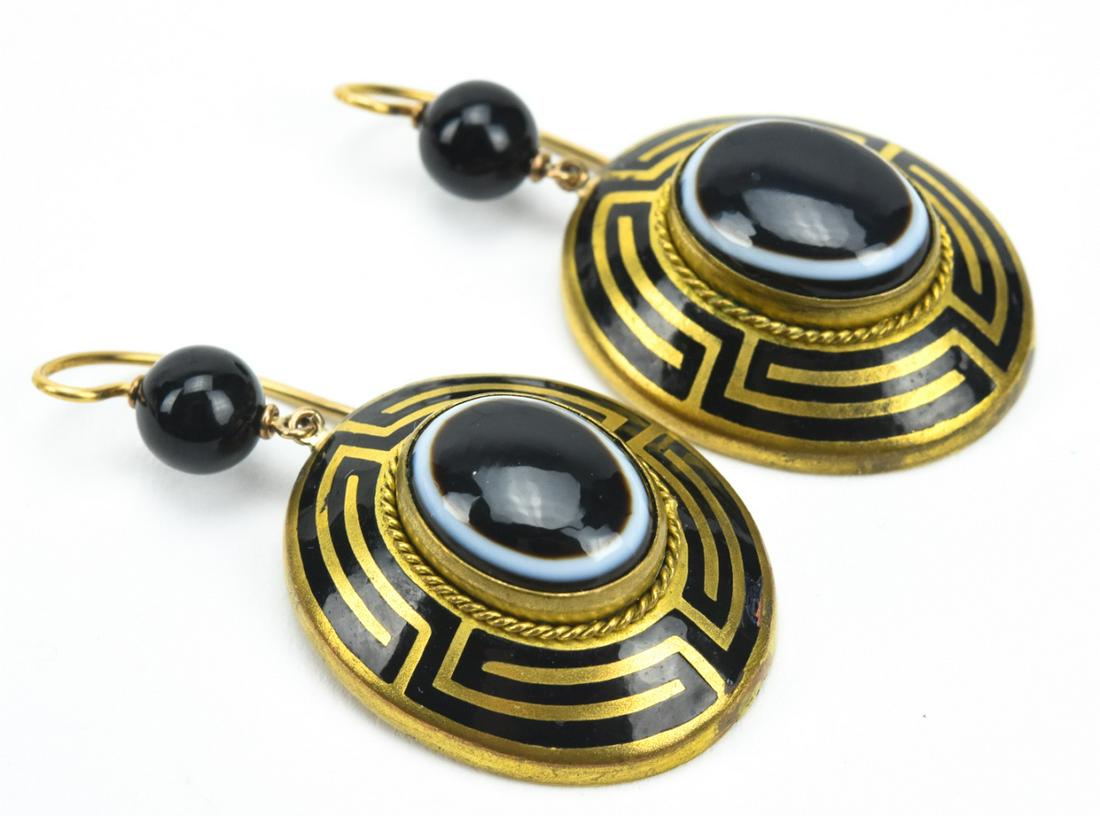 Pair 19th C Black Enamel & Banded Agate Earrings (1 of 6)