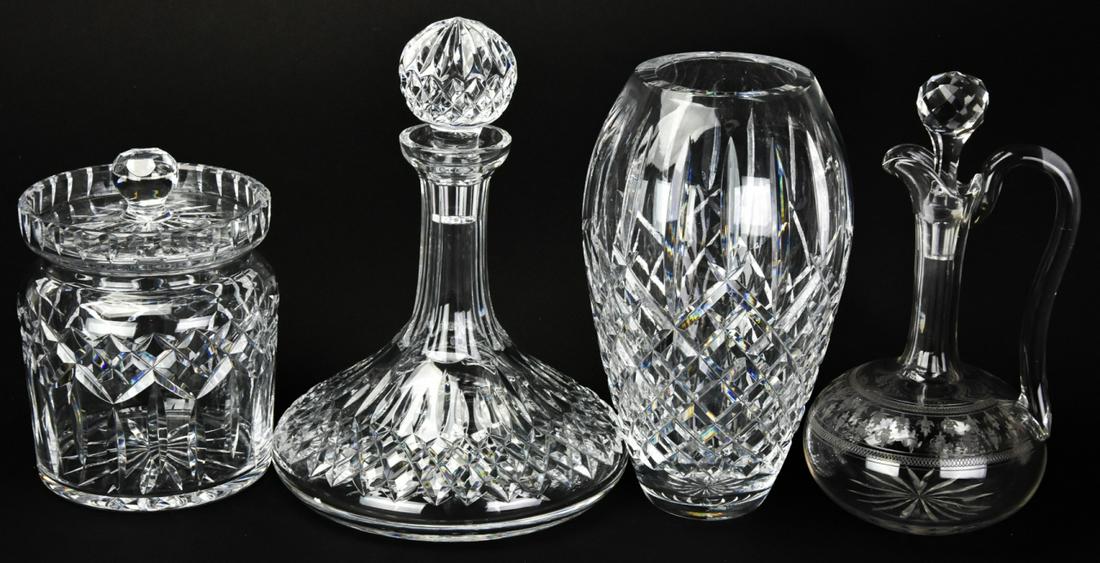 Waterford Ships Decanter, Vase, Bavarian Decanter: Waterford Ships Decanter, Waterford Vase, and Vintage Bavarian Decanter. Vase measures 10 inches x 6 inches