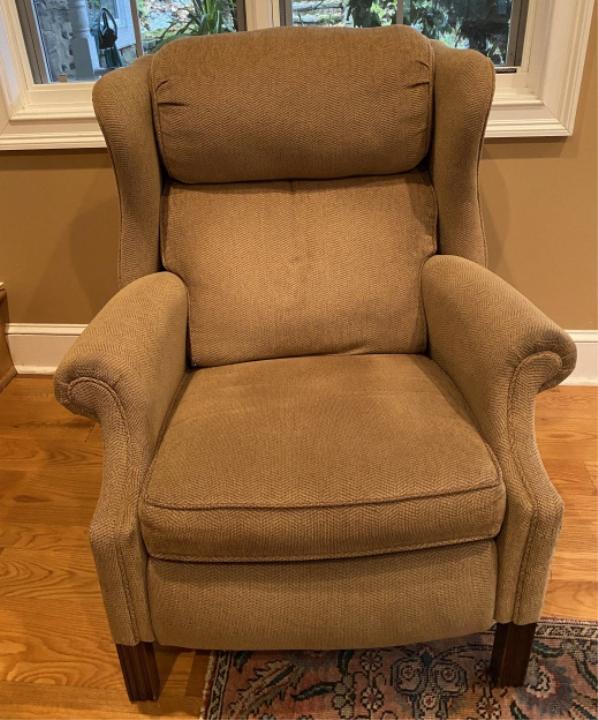 Upholstered Wing Back Recliner: Upholstered Wing Back Recliner. Measures 41 inches high x 33.5 inches wide x 36 inches deep x 20 inches from floor to seat.