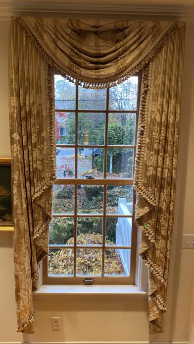 Gold Tone Damask Swag Curtains w Tassel Trim: 3 Gold Tone Damask Swag Curtains with Tassel Trim. Measures 93 inches high x 45 inches wide.