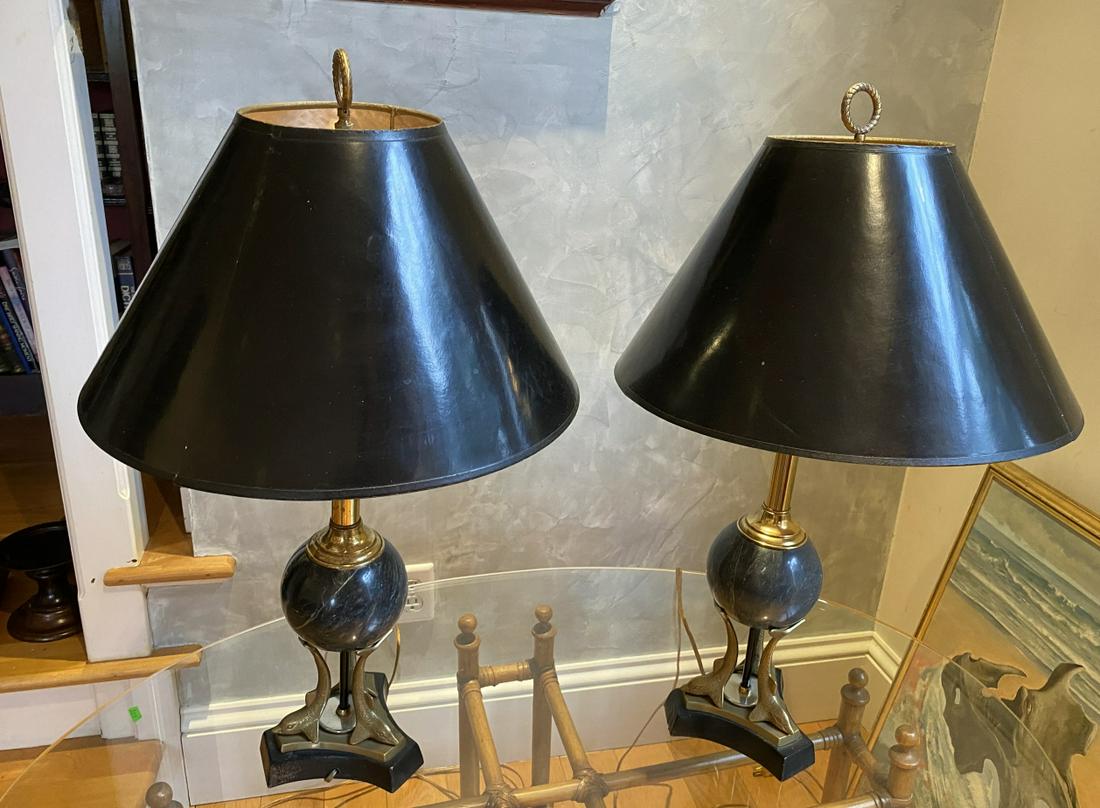 Pair Art Deco Brass & Marble Dolphin Table Lamps (1 of 7)