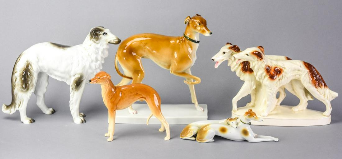 Collection 5 Porcelain Whippets & Borzoi Dogs: Collection 5 Porcelain Whippets & Borzoi Dogs. Including a Whippet marked Goebel on bottom & signed "Andersen" on base, a Borzoi marked Sitzendorf & other 3 are unmarked. Largest piece measures 8.5 in