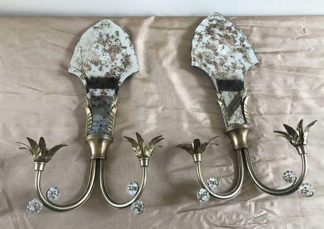 Pair Mirrored Hollywood Regency Style Wall Sconces (1 of 3)