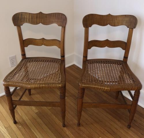 Pair Antique Tiger Maple Carved Caned Side Chairs (1 of 2)