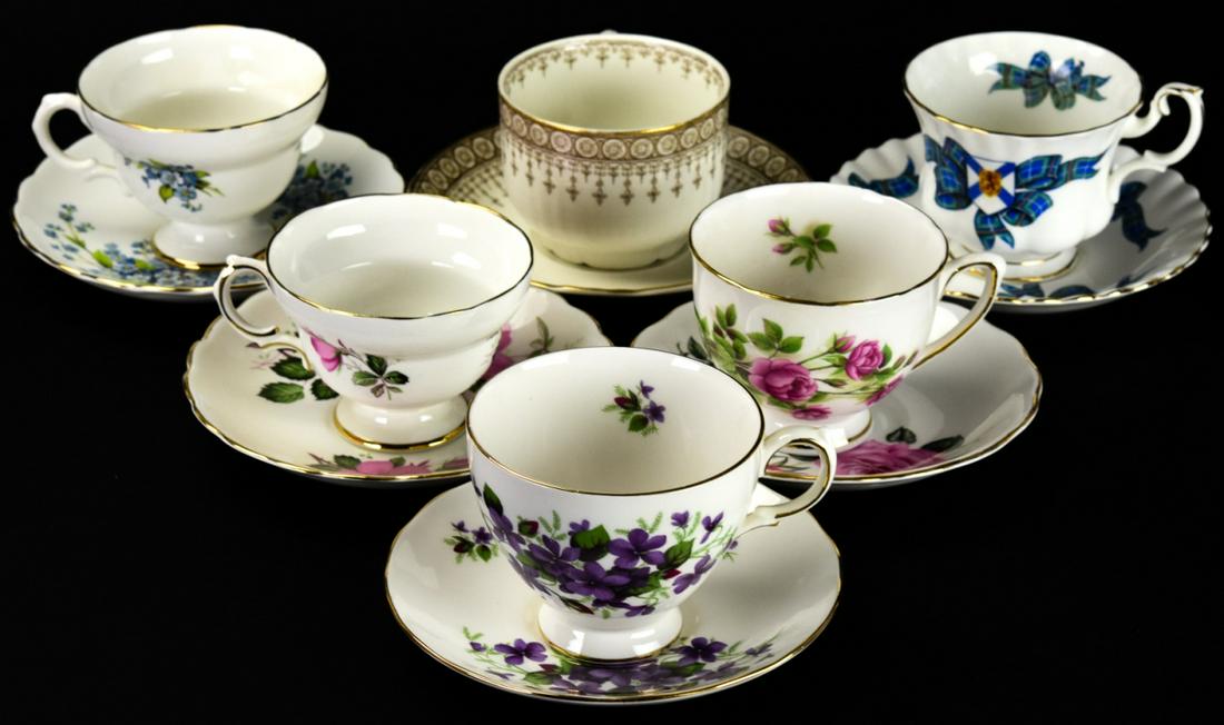 Vintage Lot English Bone China Tea Cups & Saucers: Vintage Lot English Bone China Tea Cups & Saucers. Marked Royal Albert, Royal Seagrave, Queen Anne & more. Set includes 6 teacups & 6 saucers.