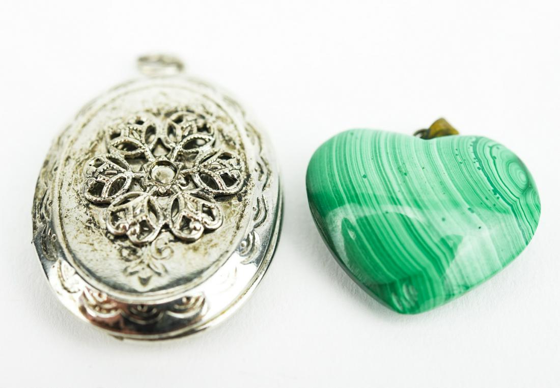 Carved Malachite Heart & Filigree Locket Pendant: Carved Malachite Heart & Filigree Locket Pendant. Hand carved natural malachite heart necklace pendant and locket. Locket measures 1.5 inches with the bail.