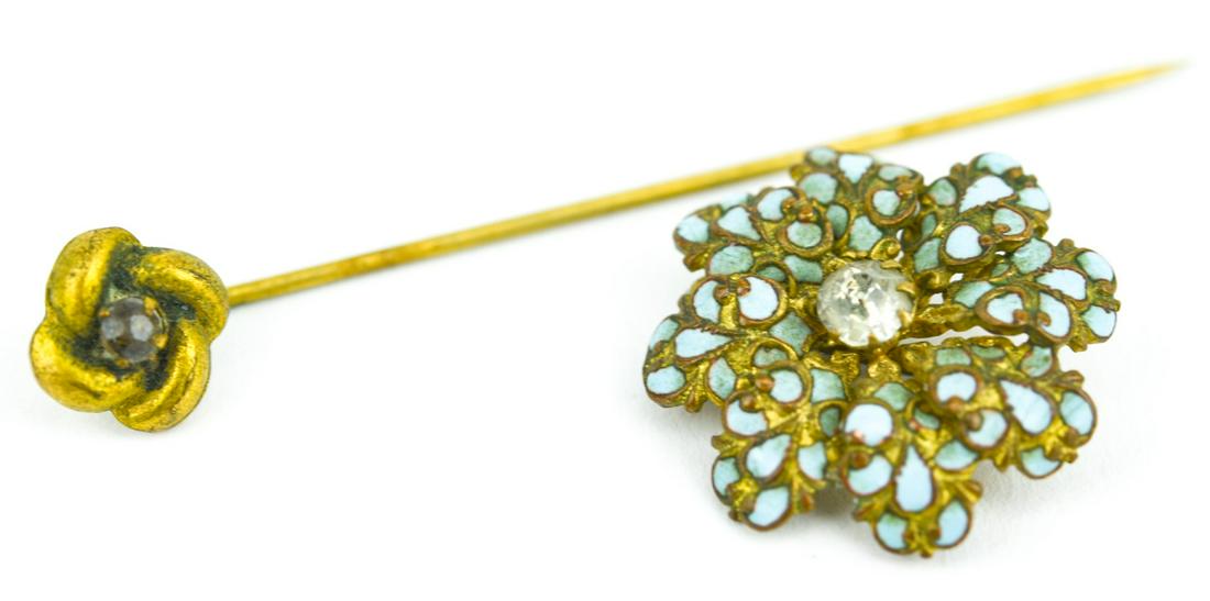 Antique Circa 1900 Enamel Brooch & Gold Filled Pin: Antique Circa 1900 Enamel Brooch & Gold Filled Stick Pin. Stick pin and brooch. Each set with paste stone. Pin measures 2.5 inches in length.