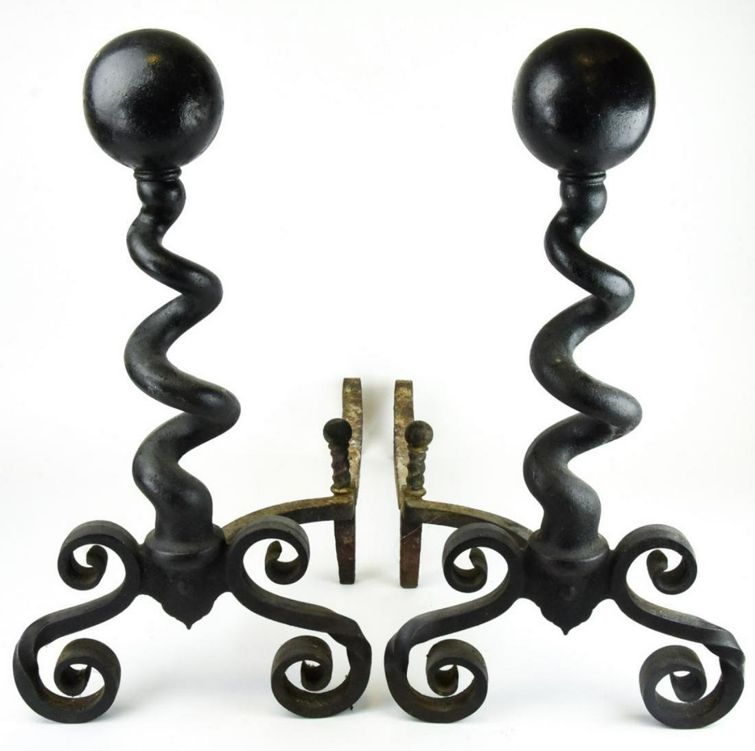 Antique Arts & Crafts Style Wrought Iron Andirons: Pair Arts & Crafts Style Wrought Iron Fireplace Andirons. Measures 23 inches x 22 inches x 12 inches. This sale is online only - no public preview or live in house sale will be held - please ask for a