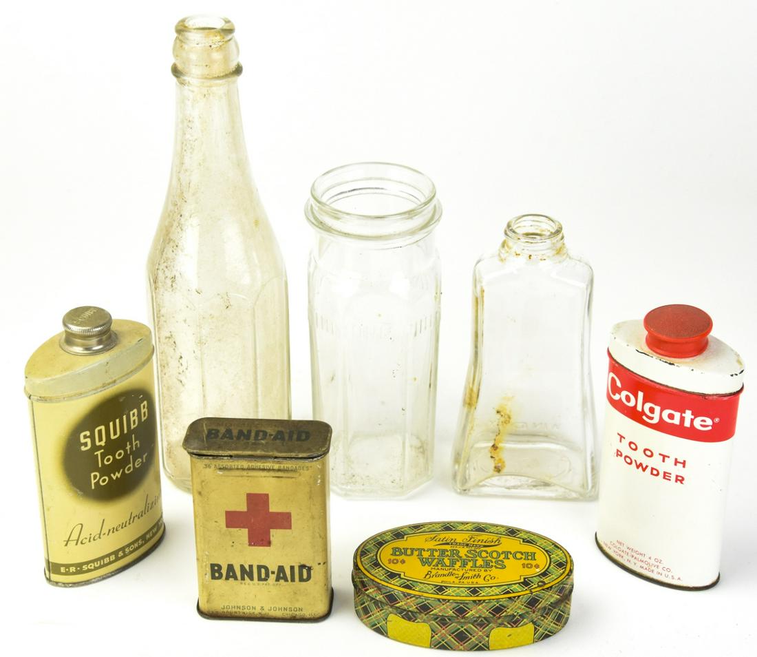 Collection of Antique Glass Bottles & Tins: Collection of Antique Glass Bottles & Tins. Tallest measures 9.25 inches in height This sale is online only - no public preview or live in house sale will be held - please ask for additional photos, v