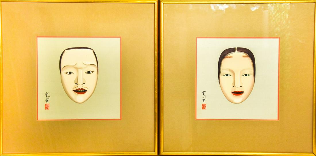 Pair Contemporary Asian Paintings on Silk of Masks (1 of 10)