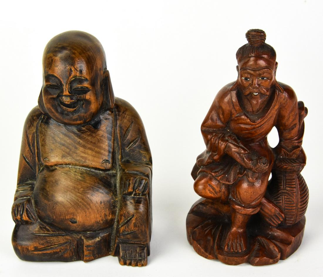 Chinese Carved Wood Buddha & Seated Figure w Pipe (1 of 6)