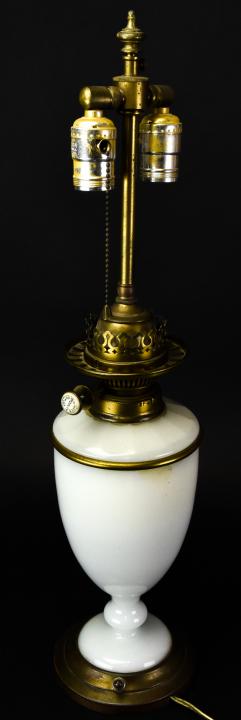 Antique Opaline Glass & Brass Urn Form Table Lamp: Antique Opaline Glass & Brass Urn Form Double Light Table Lamp. 24 inches x 6 inches in diameter. This sale is online only - no public preview or live in house sale will be held - please ask for addit