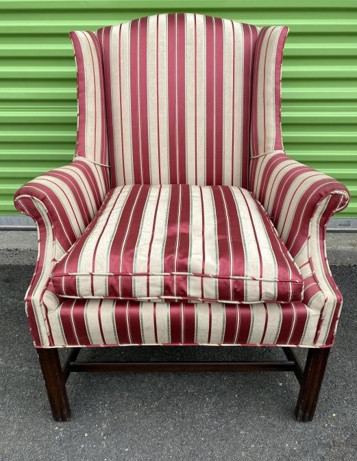 Interiors Striped Upholstered Wingback Chair: Interiors Striped Upholstered Wingback Chair. Measures 40 inches high x 32.5 inches wide x 35 inches deep x 20 inches from floor to seat. This sale is online only - no public preview or live in house