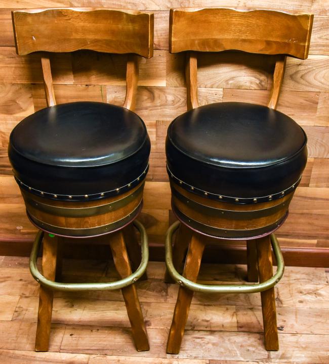 Pair Carved Barrel Style Swivel Bar Stools (1 of 5)