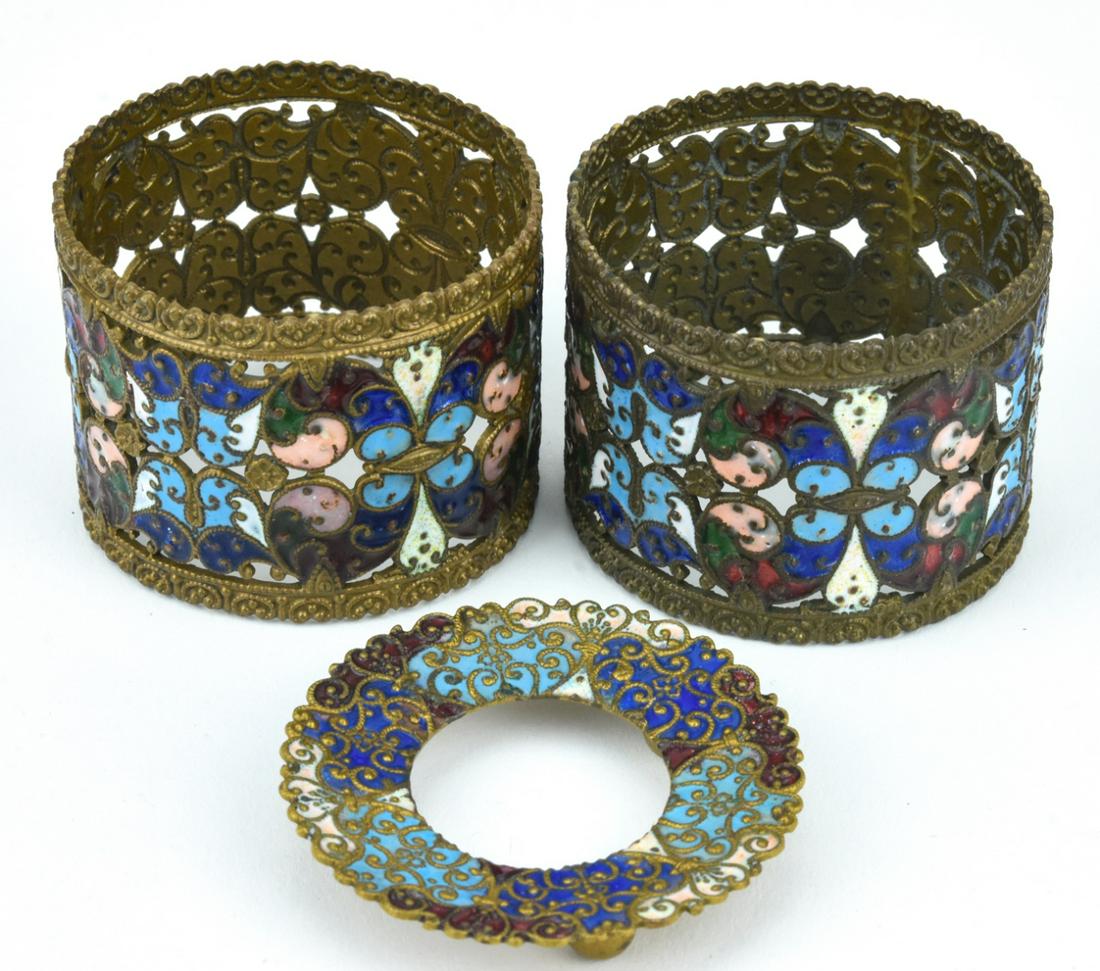 Antique Champleve Enamel Napkin Rings & Votive: Antique Champleve Enamel Napkin Rings & Candle Votive. Votive is 2 inches in diameter. This sale is online only - no public preview or live in house sale will be held - please ask for additional photo