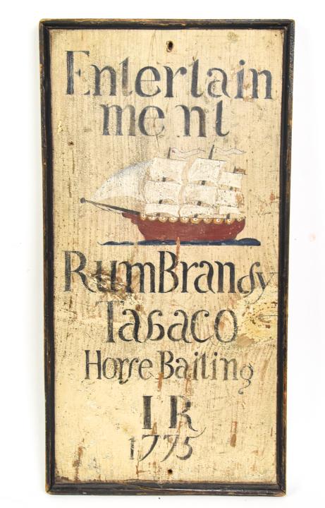 Vintage Hand Painted Wood Sign: Vintage Hand Painted Wood Sign. Reads "Entertainment Rum Brandy Tabaco Horse Bailing 1775". Measures 25.25 inches high x 13 inches wide x 1.25 inches deep. This sale is online only - no public preview
