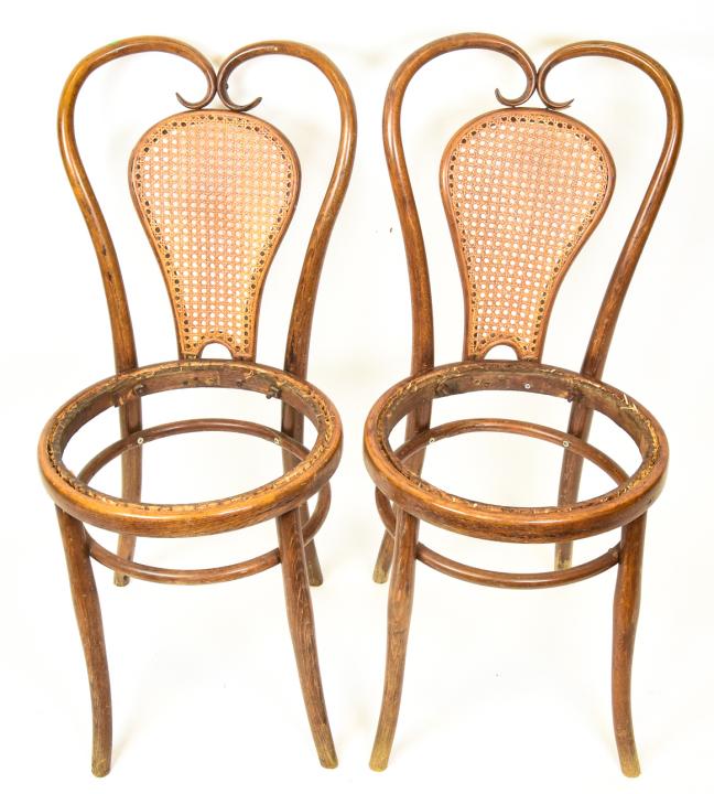 Pair Josef Hofman Thonet Bentwood Chairs w Tags: Pair Vintage Josef Hofman Thonet Bentwood Chairs Both with Makers Mark. Backs are caned, seats need to be re-caned. One is stamped Hofman and one has remnents of original tag. 35 inches x 16 inches x