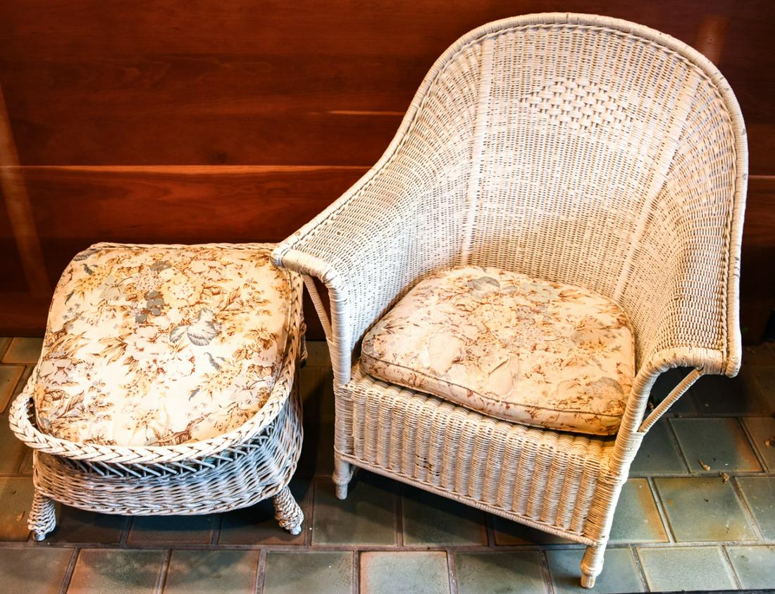 Antique White Tone Woven Wicker Armchair & Ottoman (1 of 7)