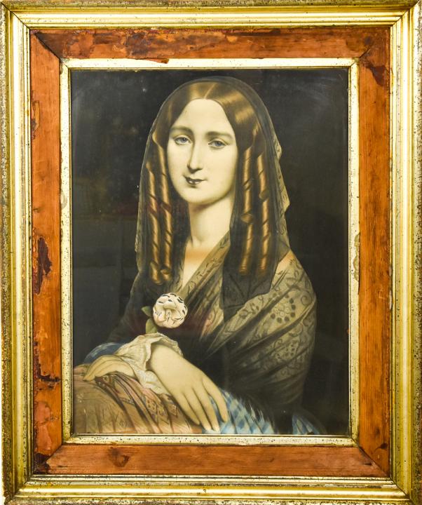 Victorian Portrait Lithograph Woman as Mona Lisa: Antique Victorian Portrait Lithograph Woman Posing as Mona Lisa. In period frame. Measures 34 inches by 28 inches. This sale is online only - no public preview or live in house sale will be held - ple
