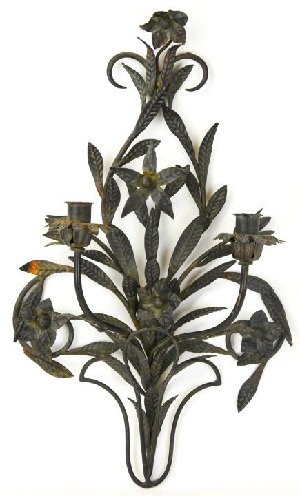 Antique Tole Florentine Candle Sconce: Antique Tole Florentine Double Candle Sconce. 22 inches x 14 inches x 8 inches This sale is online only - no public preview or live in house sale will be held - please ask for additional photos, video