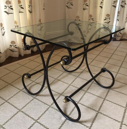 Rococo Glass Coffee Table With Iron Base: Modern Glass Coffee Table With Iron Base. Measures 22.25 inches x 26 inches x 24 inches. This sale is online only - no public preview or live in house sale will be held - please ask for additional pho