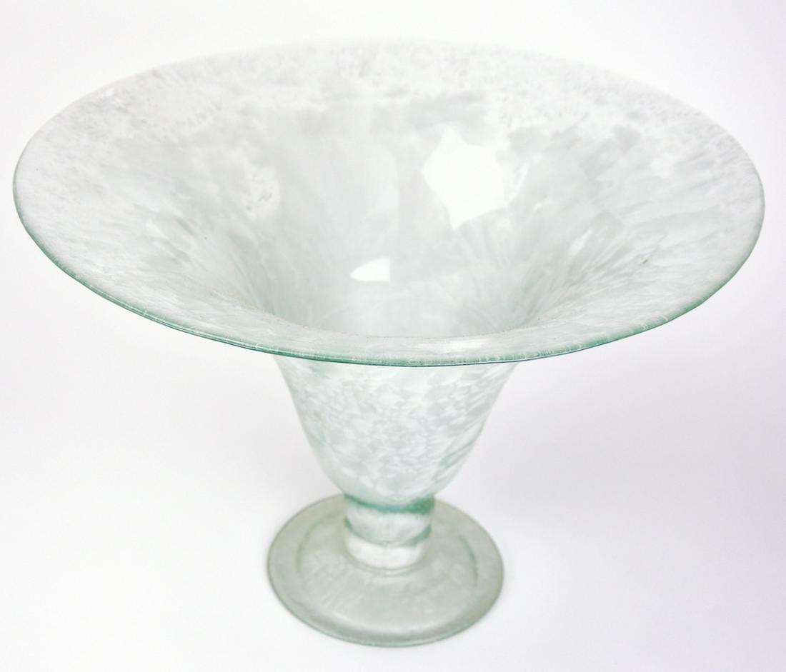 Modern Frosted Art GlassCenterpiece Footed Vase: Modern Frosted Art Green Glass Centerpiece Footed Vase. Measures 10.25 inches high x 14 inches wide. This sale is online only - no public preview or live in house sale will be held - please ask for ad