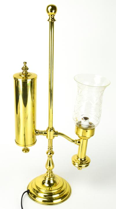Replica Brass Oil Student Lamp w Glass Hurricane: Replica Brass Oil Student Lamp with Glass Hurricane. Measures 22.5 inches high x 9 inches wide x 6 inches deep. This sale is online only - no public preview or live in house sale will be held - please