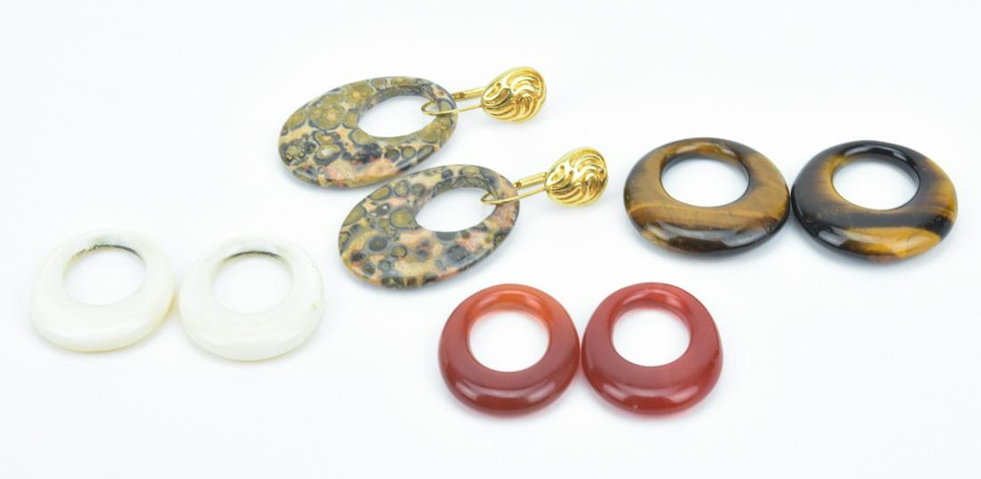 Estate Set Modular Natural Stone & Bone Earrings: Estate Set Modular Natural Stone & Bone Earrings. Door knocker form earrings with changeable rings of tiger's eye, bone, carnelian and agate. Pair as shown measures 1.75 inches in length.