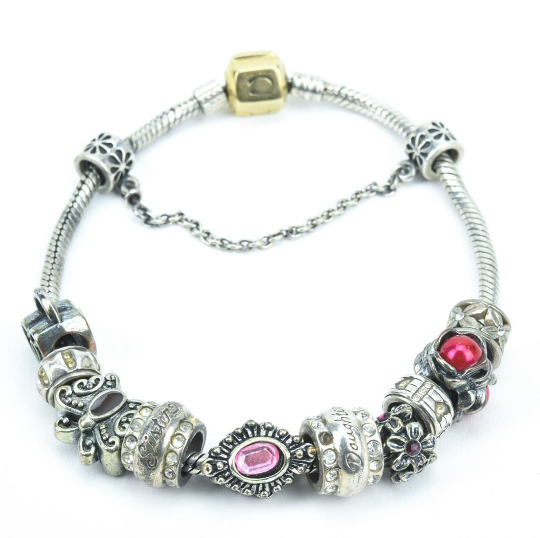 Sterling Silver Beaded Charm Bracelet: Sterling Silver Beaded Charm Bracelet. Bracelet with safety chain and charms, bracelet and charms hallmarked sterling. Measures jsut over 8.25 inches in length.