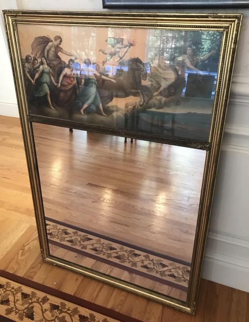 Antique Trumeau Form Mirror w Mythological Scene: Antique Trumeau Form Mirror w Mythological Scene. Measures 46 x 31 inches.