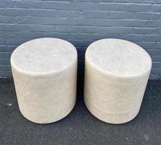 Pair Contemporary Round Cream Leather End Tables (1 of 5)