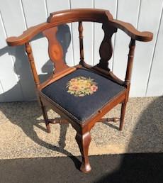Queen Anne Style Upholstered Corner Chair: Queen Anne Style Upholstered Corner Chair. Measures 35 inches high by 26 inches wide by 26 inches deep.