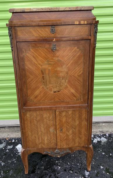 Louis VX Parquetry Inlay Secretaire Abattant: Louis VX Style Parquetry Inlay Marble Top Secretaire Abattant. Having marquetry inlay Neoclassical scene on front and ormolu mounts. Inside features book matched veneer on drawers and embossed leather