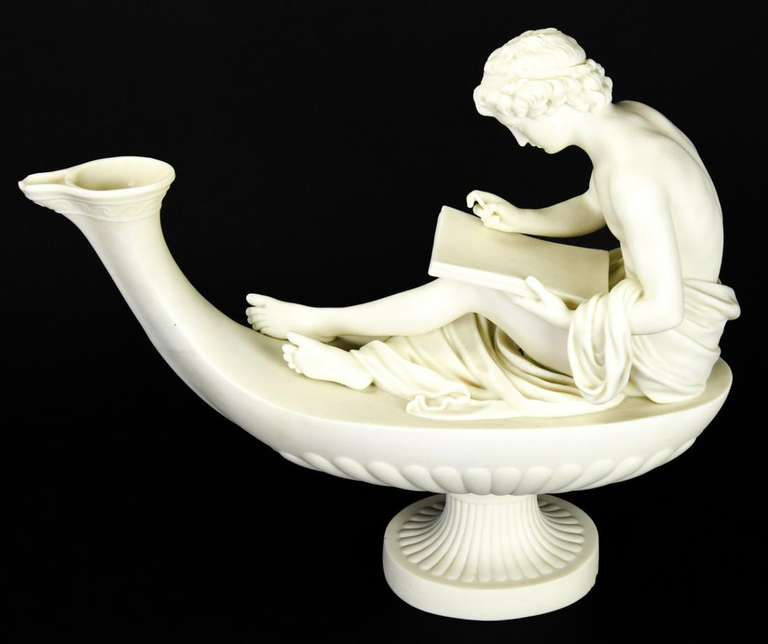 Neoclassical Oil Lamp W Seated Figural Male Nude: Blanc De Chine Porcelain Neoclassical Style Oil Lamp With Seated Figural Male Philosopher / Scribe Nude on Top. Measures 11 inches high by 12.5 inches wide by 4 inches deep.