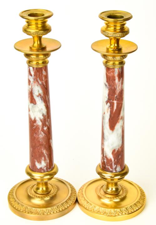 Pair French Empire Marble & Brass Candlesticks (1 of 9)