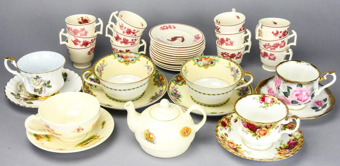 Set English & German Porcelain Teacups & Saucers: Set English & German Porcelain Individual Teacups & Saucers. Six different set including Royal Albert Bone China, Copeland Spode (Set of 12), Aynsley Bone China (including teapot), & KPM Beverly (Set 