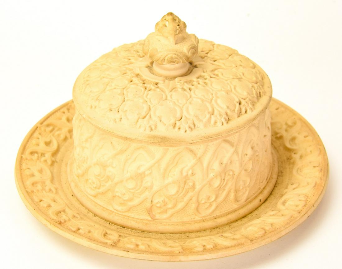 Antique 19th C English Butter or Cheese Tureen: Antique 19th C English Butter/Cheese Tureen. Having baroque revival design, faintly marked on bottom. Measures 7 inches in diameter.