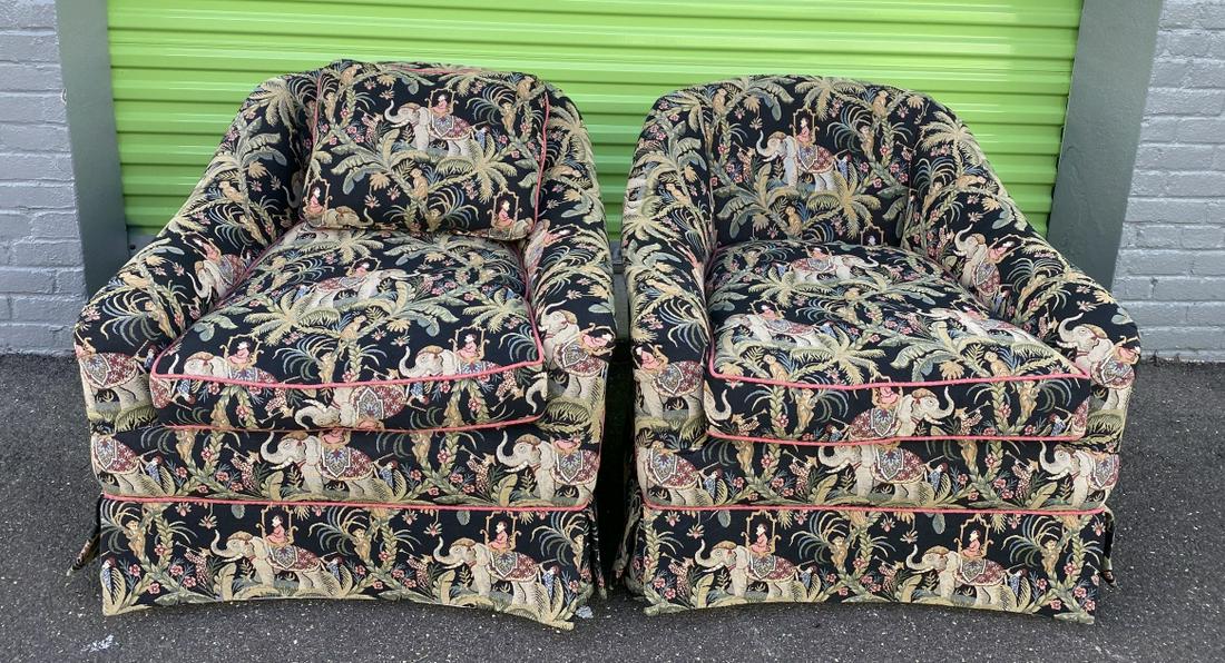 Pair Chinoiserie Upholstered Barrel Back Armchairs (1 of 11)