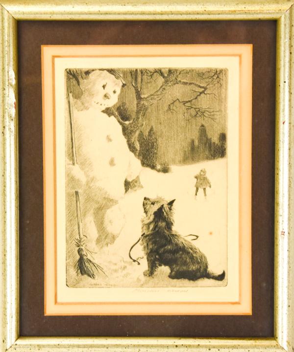 Signed Morgan Dennis Terrier & Snowman Etching (1 of 7)