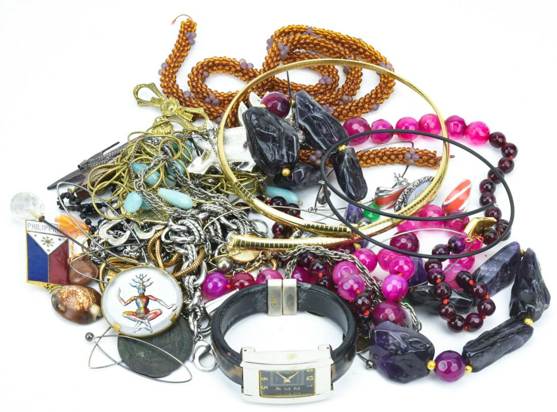 Collection of Antique & Vintage Costume Jewelry: Collection of Antique & Vintage Costume Jewelry. Includes sterling, silver, gold tone, watch, art glass, enamel, etc.