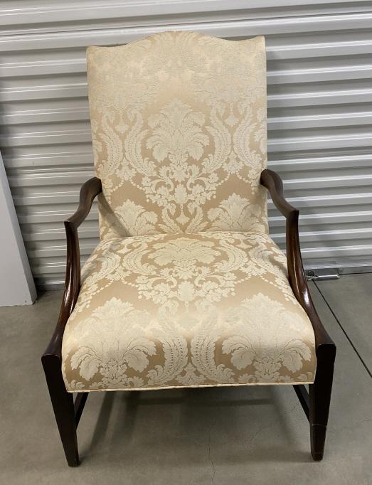 French Country Style Upholstered Armchair: French Country Style Upholstered Armchair. Measures 40 inches high by 26 inches wide by 31 inches deep, 19 inches high from floor to seat.