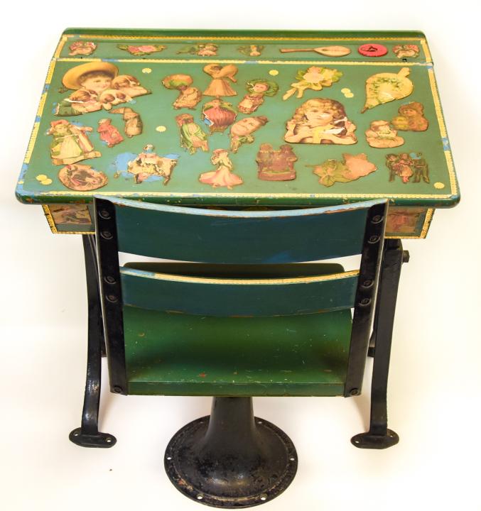 Antique Decoupage School Desk Cast Iron Legs (1 of 8)