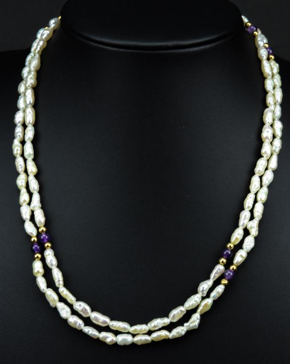 Yellow Gold Amethyst & Baroque Seed Pearl Necklace: Yellow Gold Amethyst & Baroque Seed Pearl Necklace. Measures 32 inches in length.