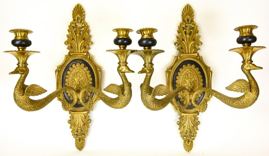 Pair Neo Classical Style Brass Tone Wall Sconces (1 of 10)