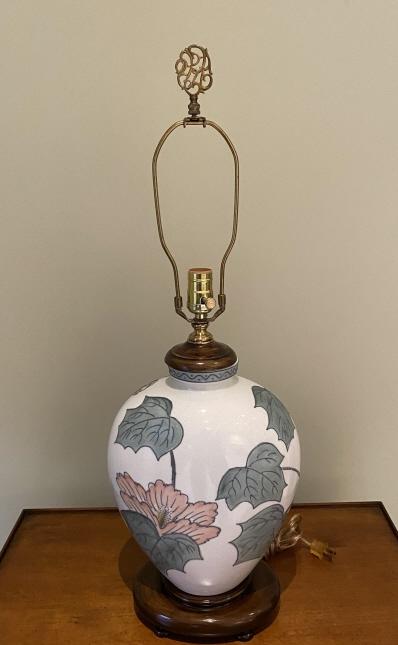 Hand Painted Floral Table Lamp w Wood Base: Hand Painted Floral Table Lamp With Wood Base. To finial measures 29.75 inches high x 10 inches wide x 6.5 inches deep.