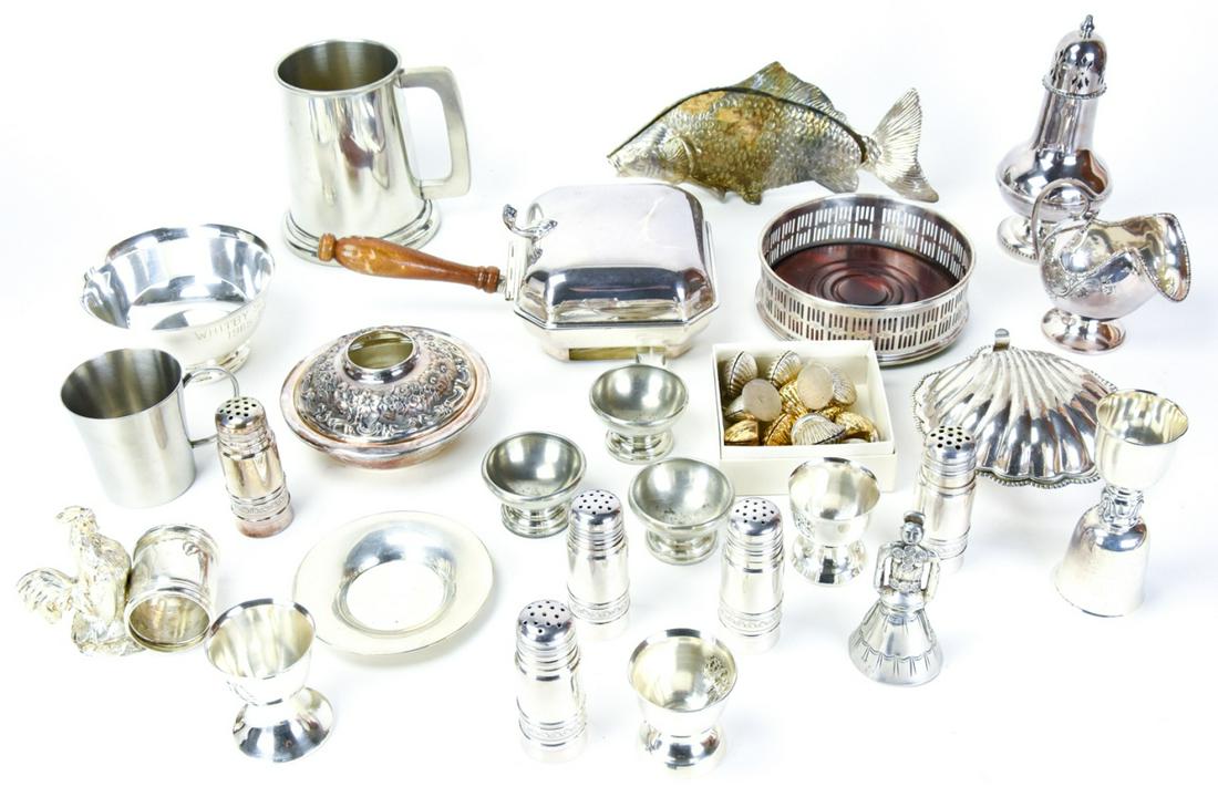 Collection Silver Plate & Pewter Tabletop Items: Collection Silver Plate & Pewter Small Scale Tabletop Items Includes Salt and Peppers, Soap Dish, Place Card Holders, Wine Coasters, and More. In a variety of sizes and styles from a variety of manufa