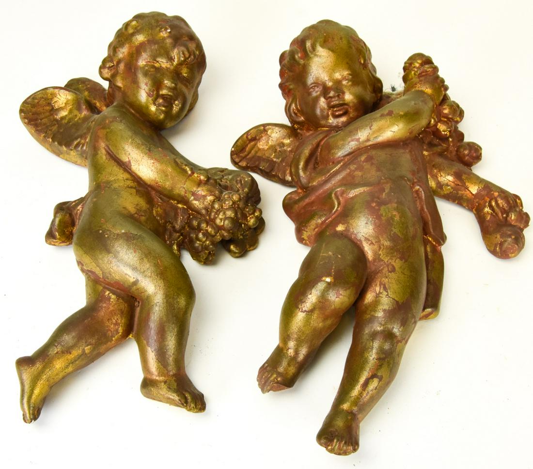 Pair Gilt Plaster Wall Hanging Cherubs (1 of 8)