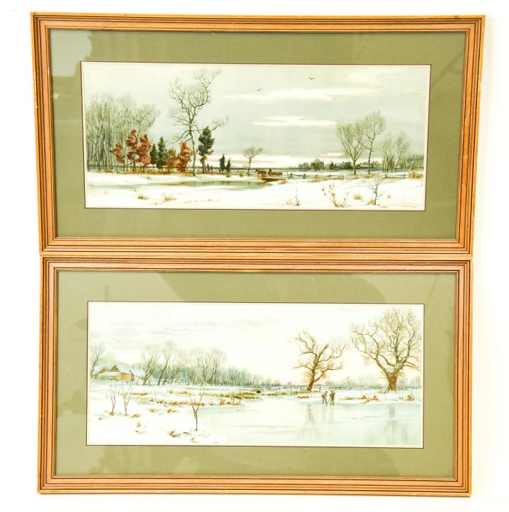 Pair Signed Watercolor Snowy Winter Landscapes (1 of 8)