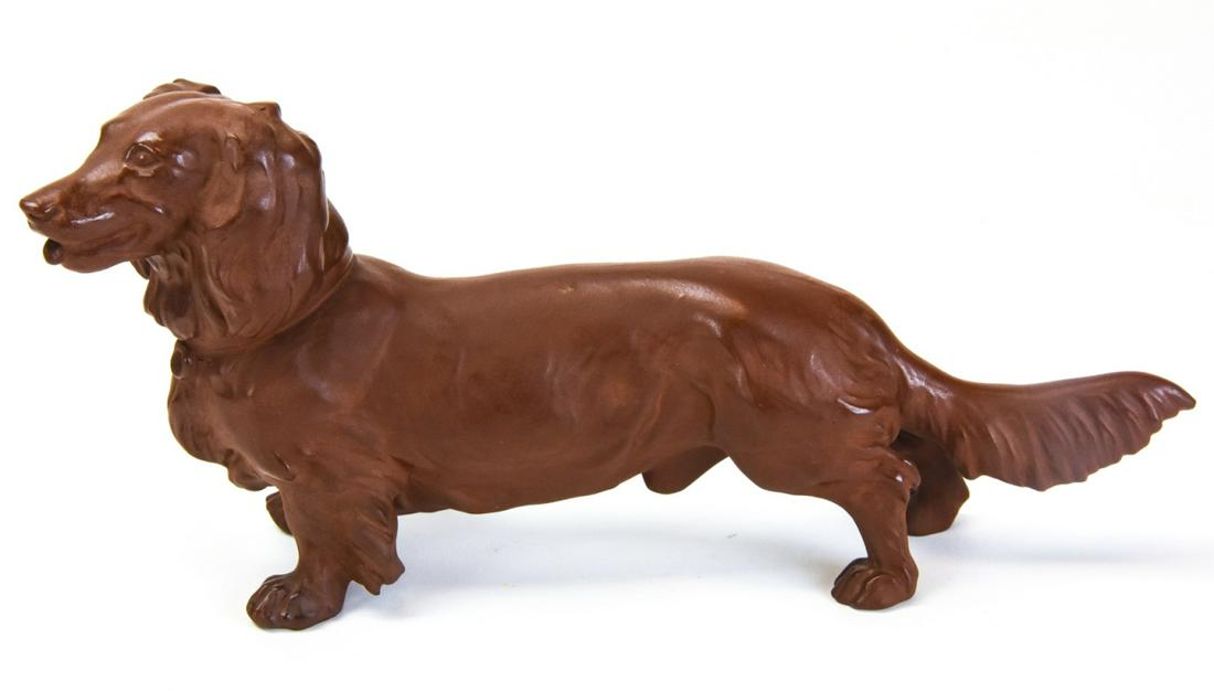 Meissen Böttger Steinzeug Stoneware Daschund: Meissen Böttger Steinzeug Stoneware Daschund Figurine. Designed by Erich Hösel in 1935. No. 240. Bottom is marked. Measures 4.5 inches high x 10 inches long x 2.5 inches wide.